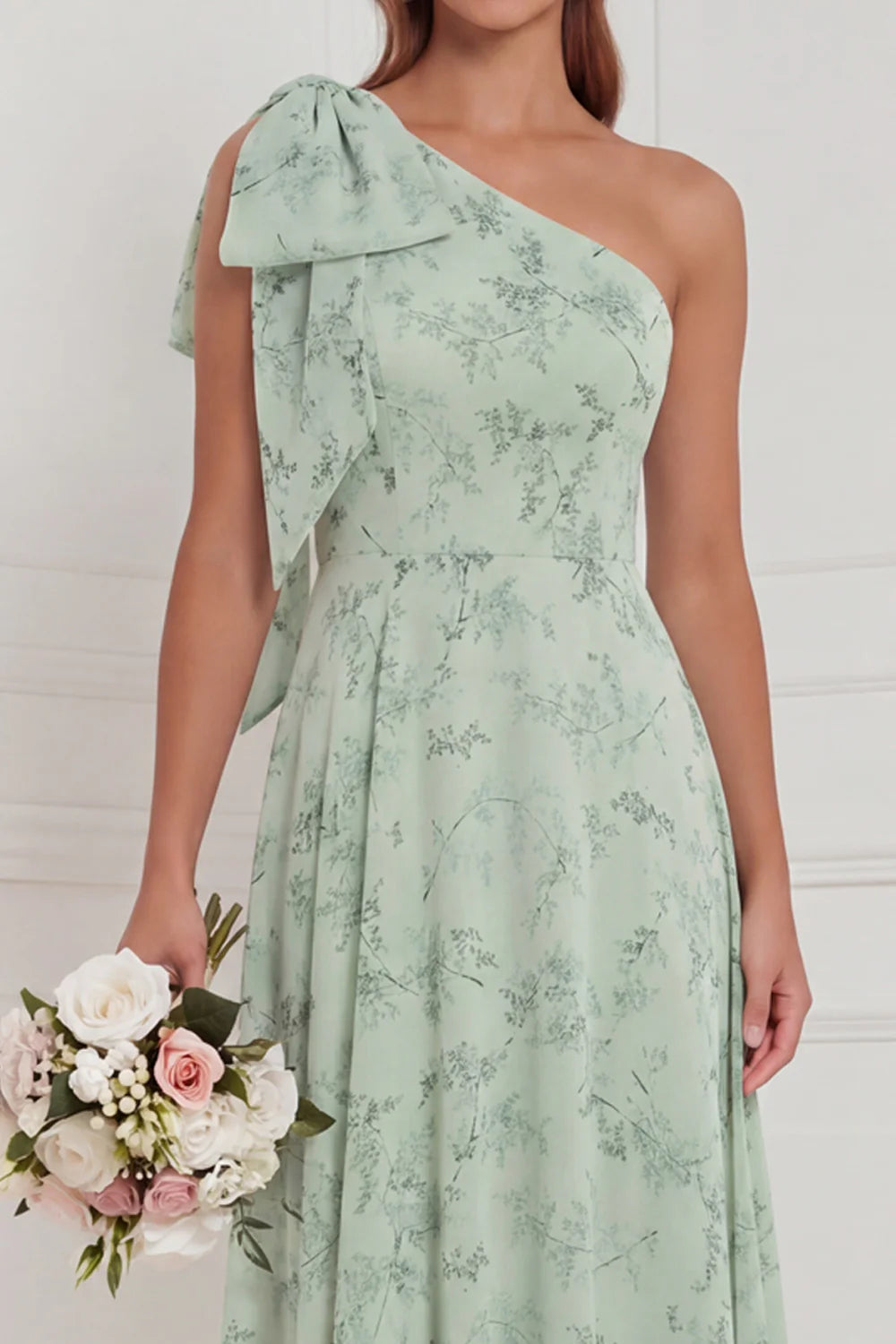 One Shoulder Dusty Sage Floral A Line Long Bridesmaid Dress