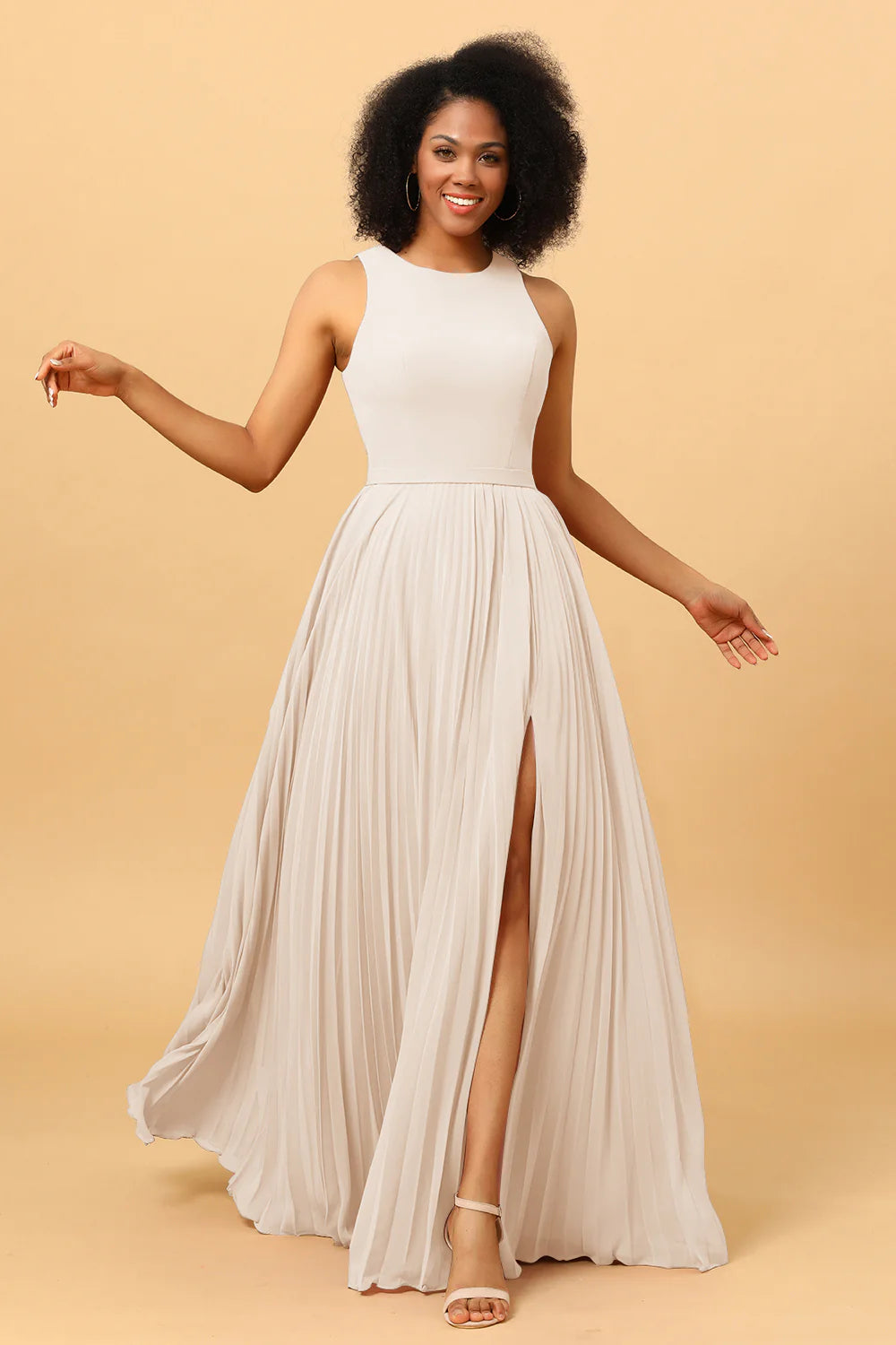 A Line Pleated Long Chiffon Bridesmaid Dress with Ruffles