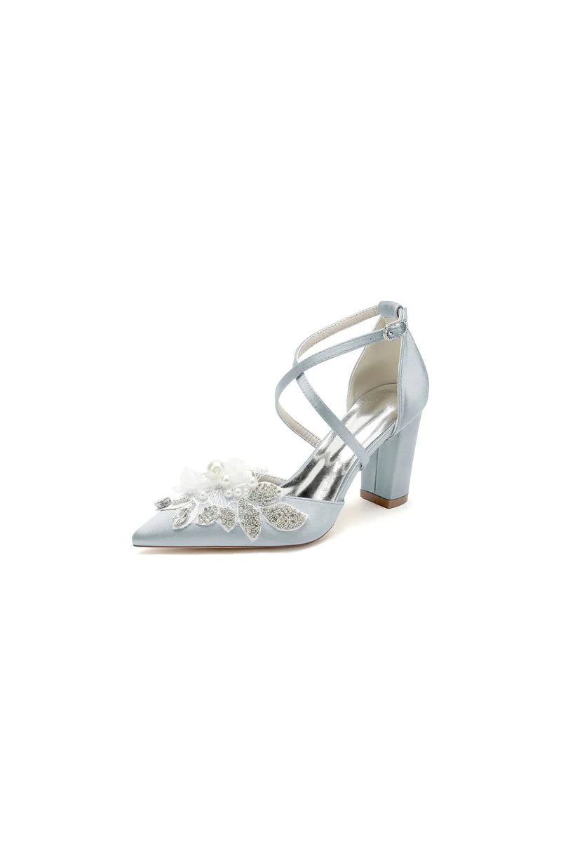 White Silk Pump with Handcrafted Flower and Crystal Embellishments