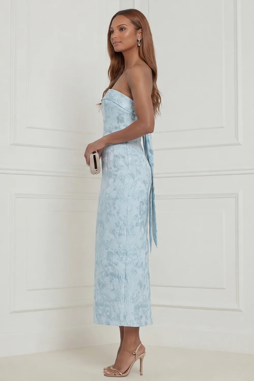 Sky Blue Sheath Strapless Jacquard Midi Wedding Guest Dress