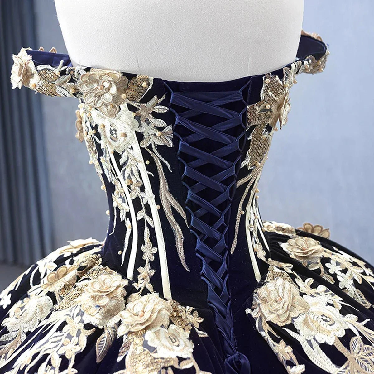 Navy Blue Velvet Quinceañera Dress With Train 3D Flower Appliques Ball Gown