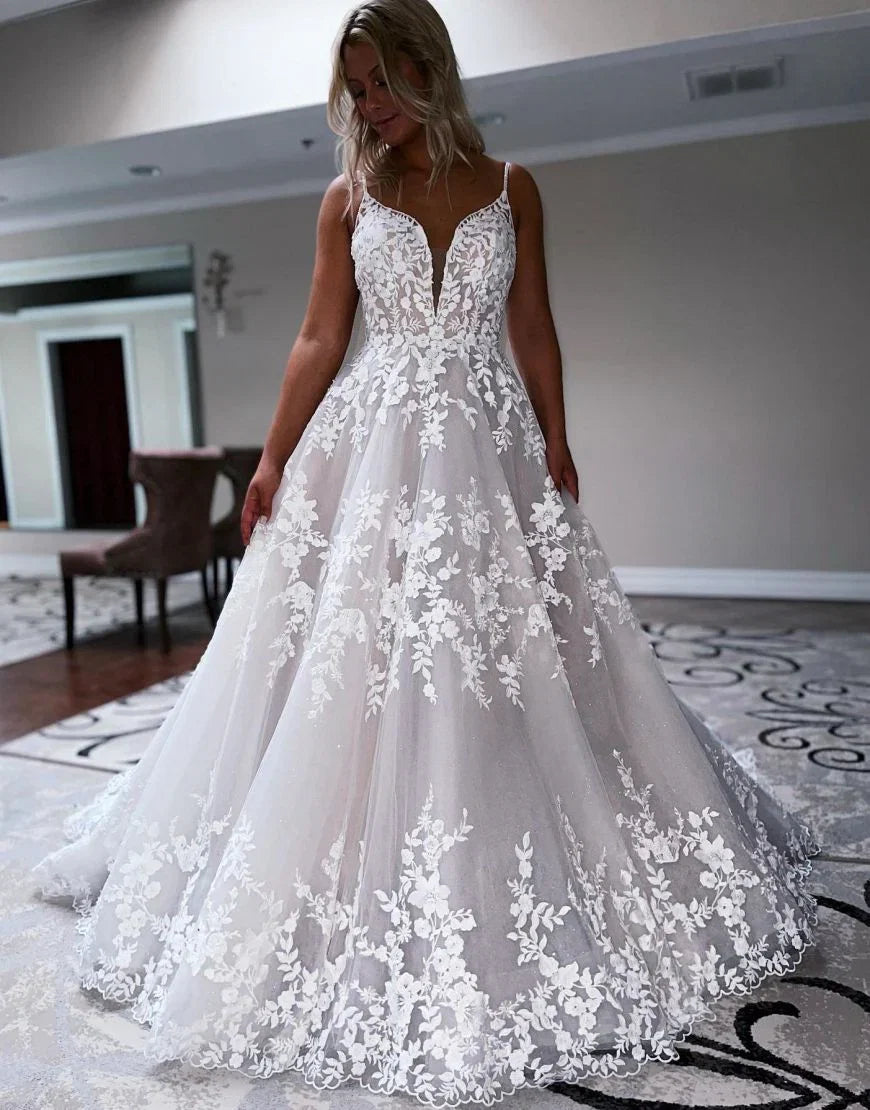 A Line Sweep Train Deep V Neck Wedding Dress With Appliques