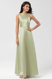 Dusty Sage A Line Floor Length Satin Bridesmaid Dress