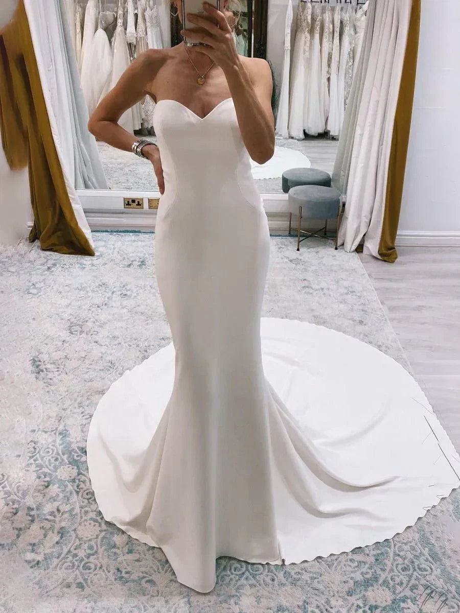 White Simple Sweep Train Boho Long Mermaid Wedding Dress