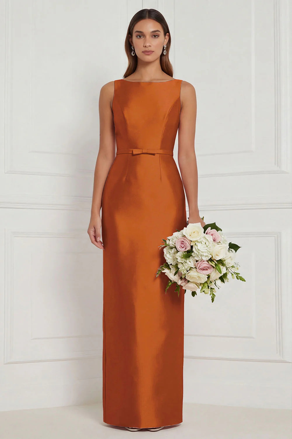 Sage Green Sheath Bateau Neck Satin Bridesmaid Dress
