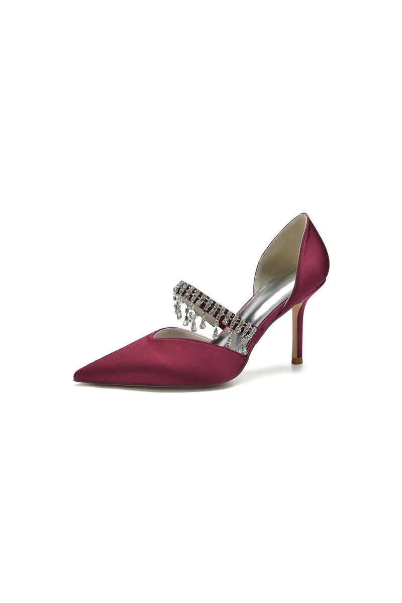 Cocktail Pointed Toe Crystal Tassel Buckle Strap Heels