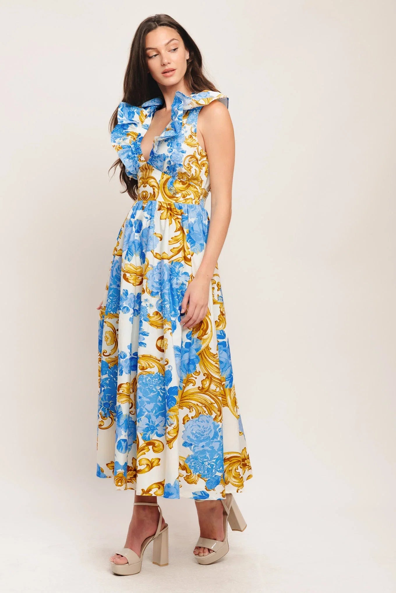 BAROQUE BLOOM BLUE MIDI DRESS