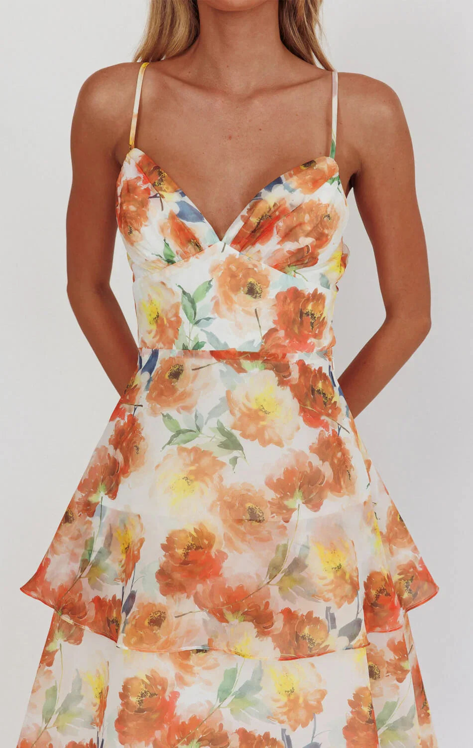 Makenna Maxi Dress Orange Floral Organza Tiered Dress