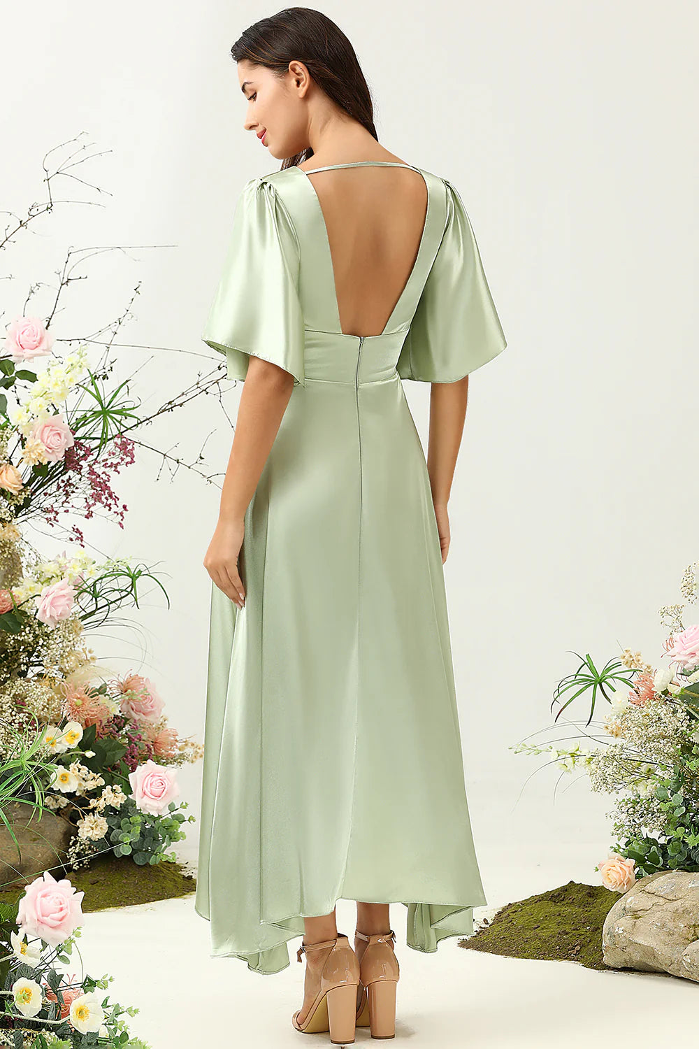 Dusty Sage A Line Deep V Neck Long Bridesmaid Dress with Half Sleeves