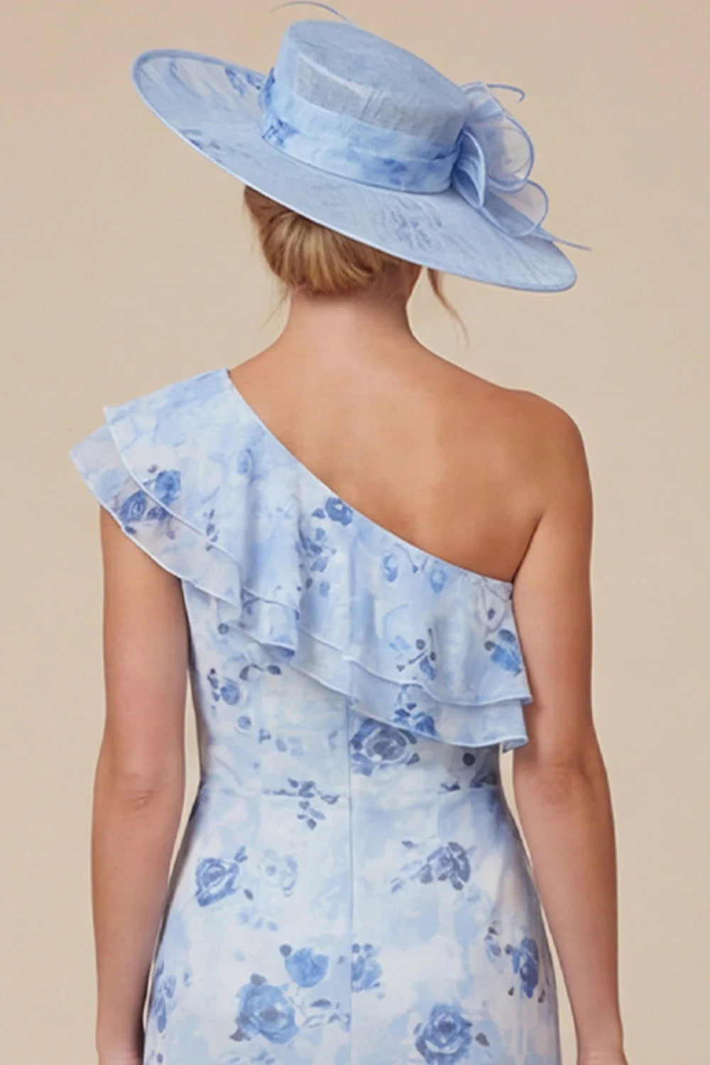 Light Blue Floral Mermaid Ruffled One Shoulder High Low Mother of the Bride Dress