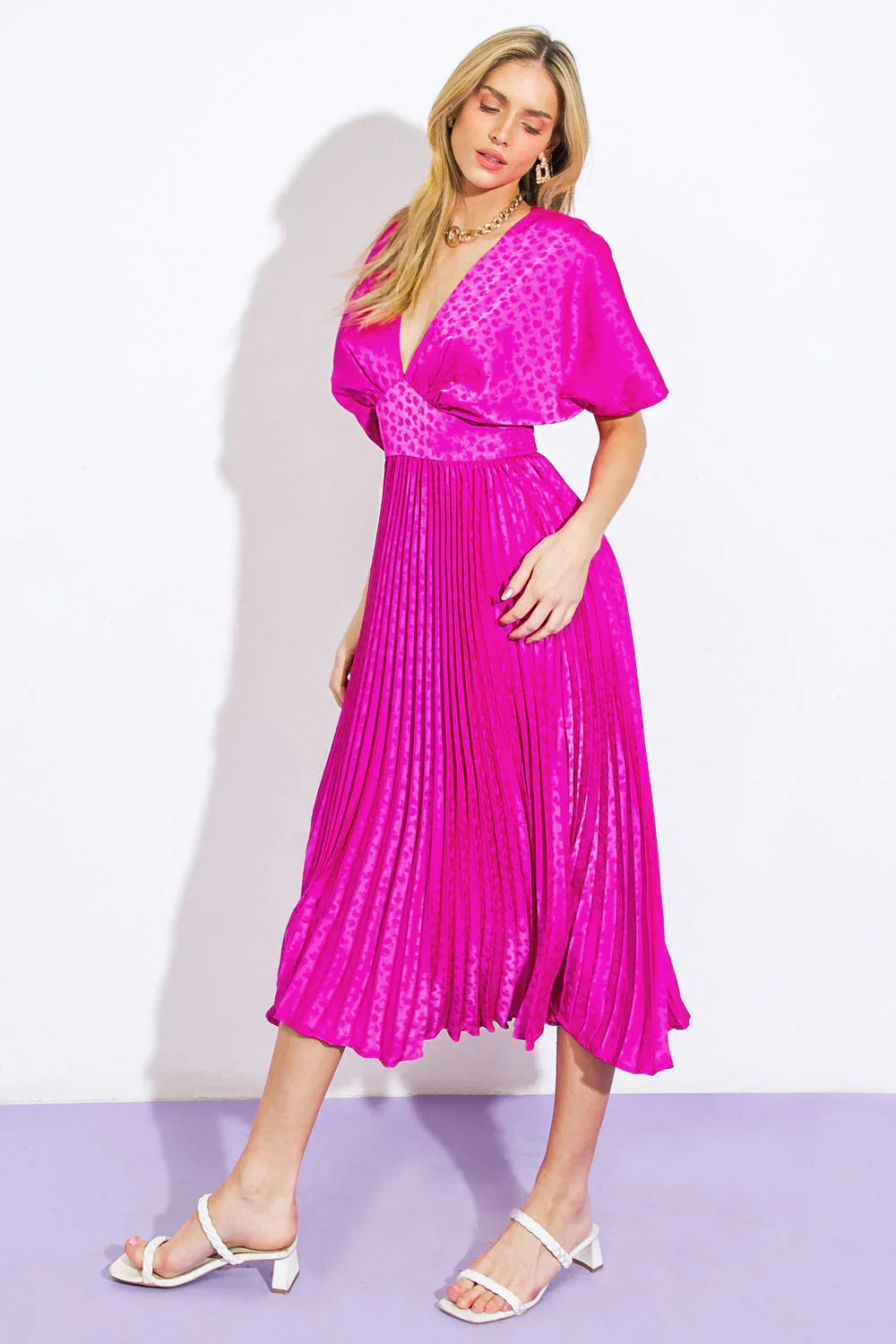 TIMELESS REPEAT PLEATED SATIN MIDI DRESS