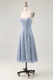 Floral Burnout Dusty Blue A Line Spaghetti Straps Wedding Guest Dress with Slit