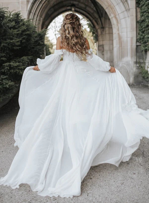 A Line Sweetheart Long Sleeves Chiffon Sweep Train Wedding Dress
