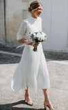 Vintage Modest Long Sleeve Wedding Dress with Pleats Simple Tea length A Line High Neck