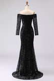 Off The Shoulder Black Sheath Mesh Lace Formal Dress