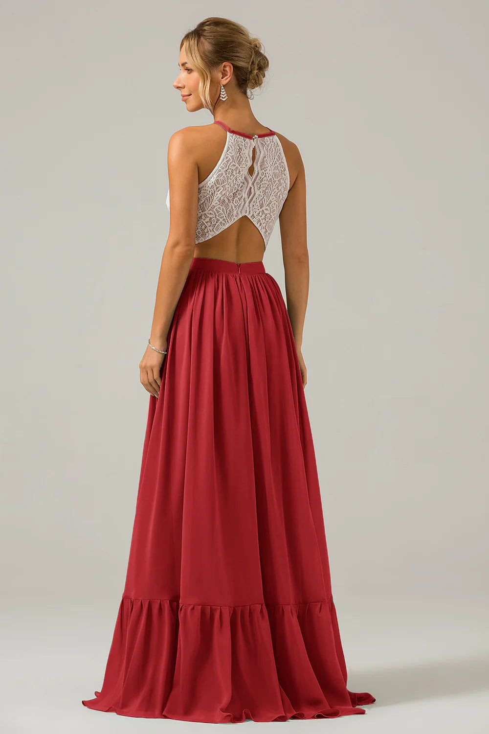 A Line Halter Pleated Keyhole Chiffon Bridesmaid Dress With Lace