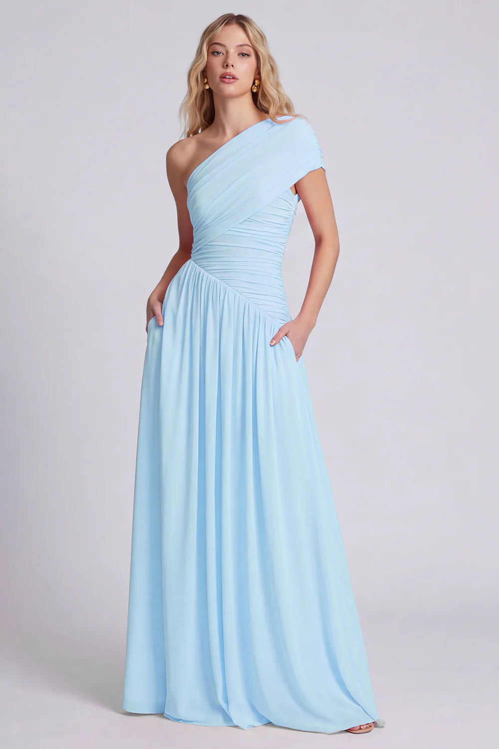 One Shoulder Pink A Line Ruched Bridesmaid Dress