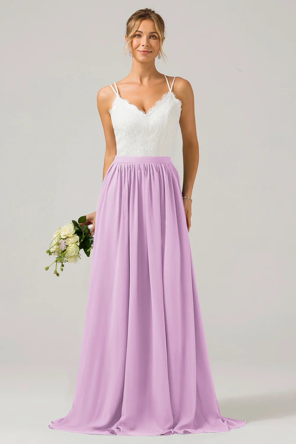 A Line Spaghetti Straps Pleated Long Bridesmaid Dress With Lace