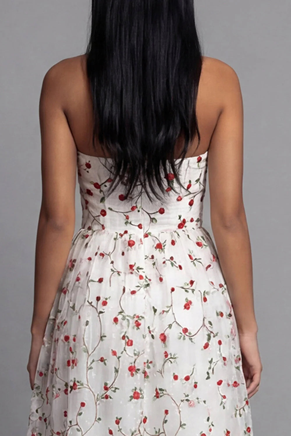 Strapless A Line Floral Ruffled Champagne Wedding Guest Dress