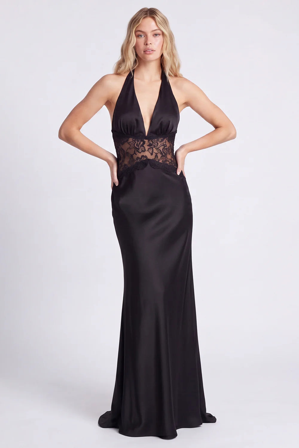 Halter Black Mermaid Long Formal Dress with Lace