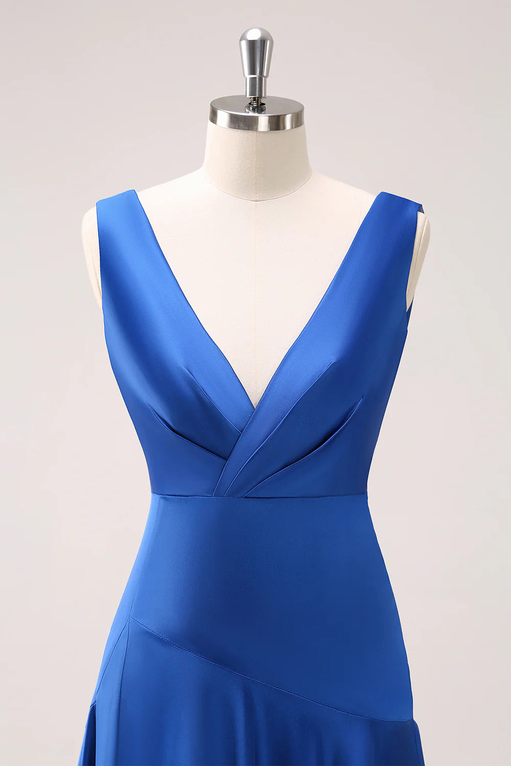 Ink Blue A Line V Neck Satin Ruched Long Bridesmaid Dress with Slit