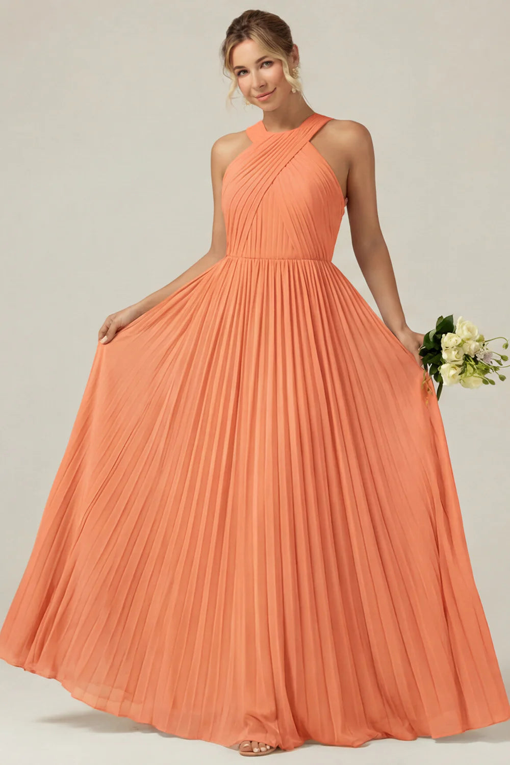 Dusty Sage A Line Halter Pleated Long Bridesmaid Dress