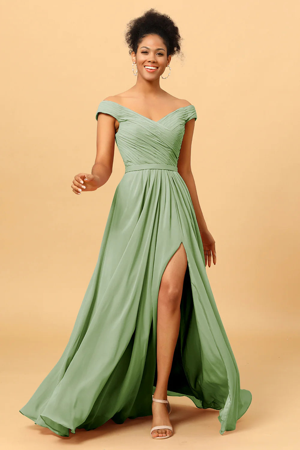 A Line Off the Shoulder Ruched Long Chiffon Bridesmaid Dress with Slit