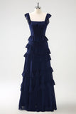 Dark Navy A Line Square Neck Tiered Long Chiffon Bridesmaid Dress with Ruffles