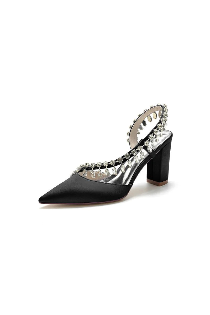 Pointed Toe Beaded Slip on Satin Chunky Heels
