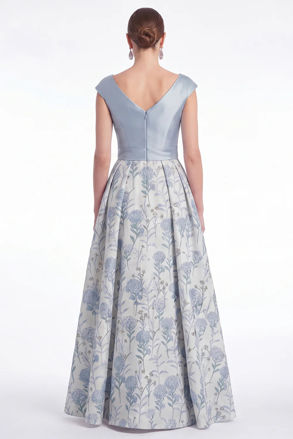 Blue Flower A Line V Neck Ruched Mother of the Bride Dress with Cap Sleeves