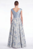 Blue Flower A Line V Neck Ruched Mother of the Bride Dress with Cap Sleeves