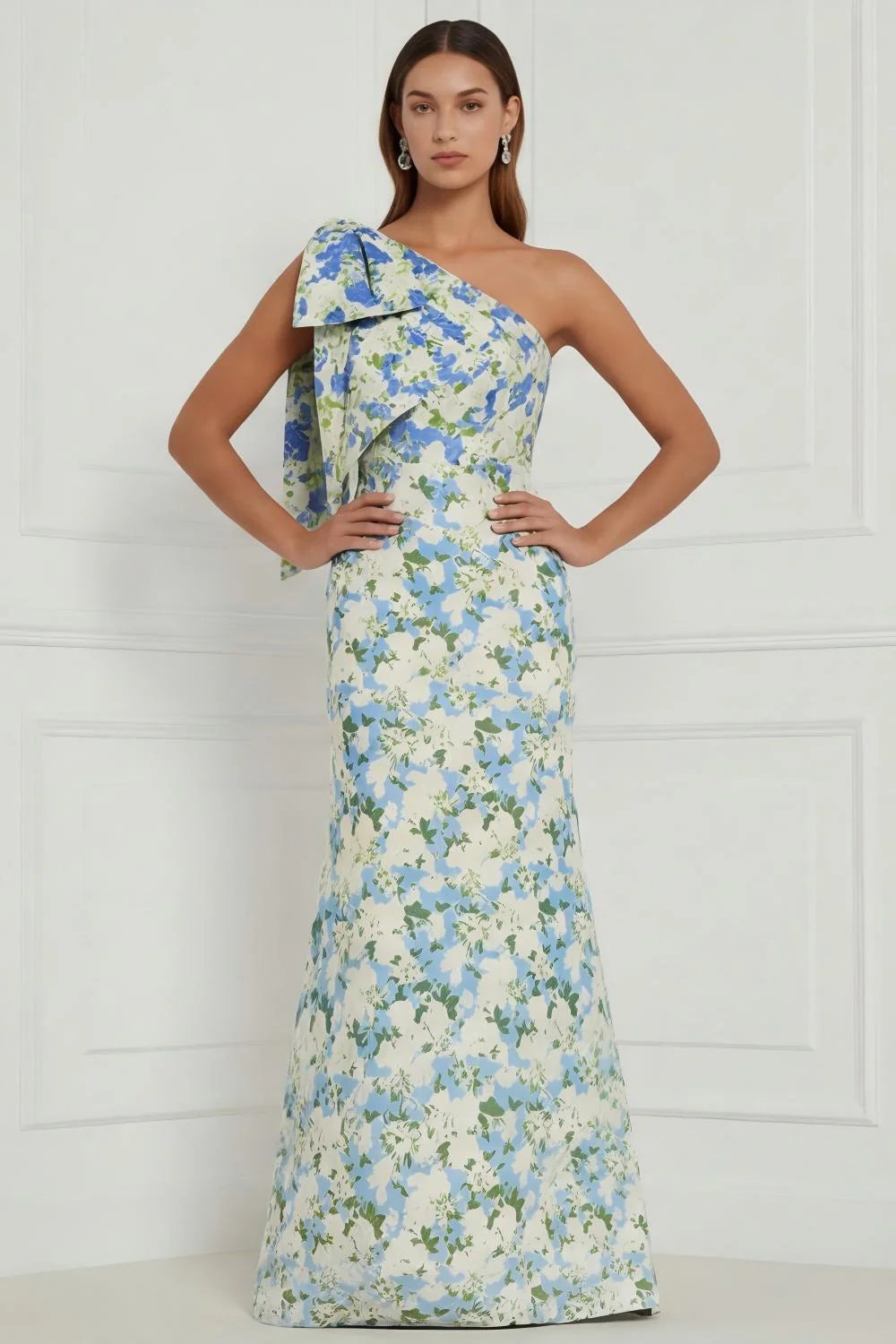 Blue White Flower Mermaid One Shoulder Print Long Bridesmaid Dress with Bow