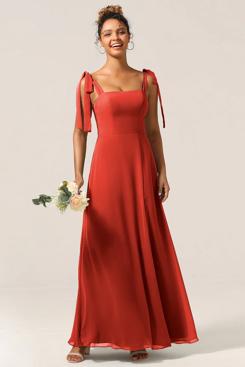 A Line Spaghetti Straps Floor Length Chiffon Bridesmaid Dress with Slit