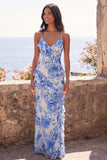 Blue Flower Spaghetti Straps Ruffled Sheath Wedding Guest Dress