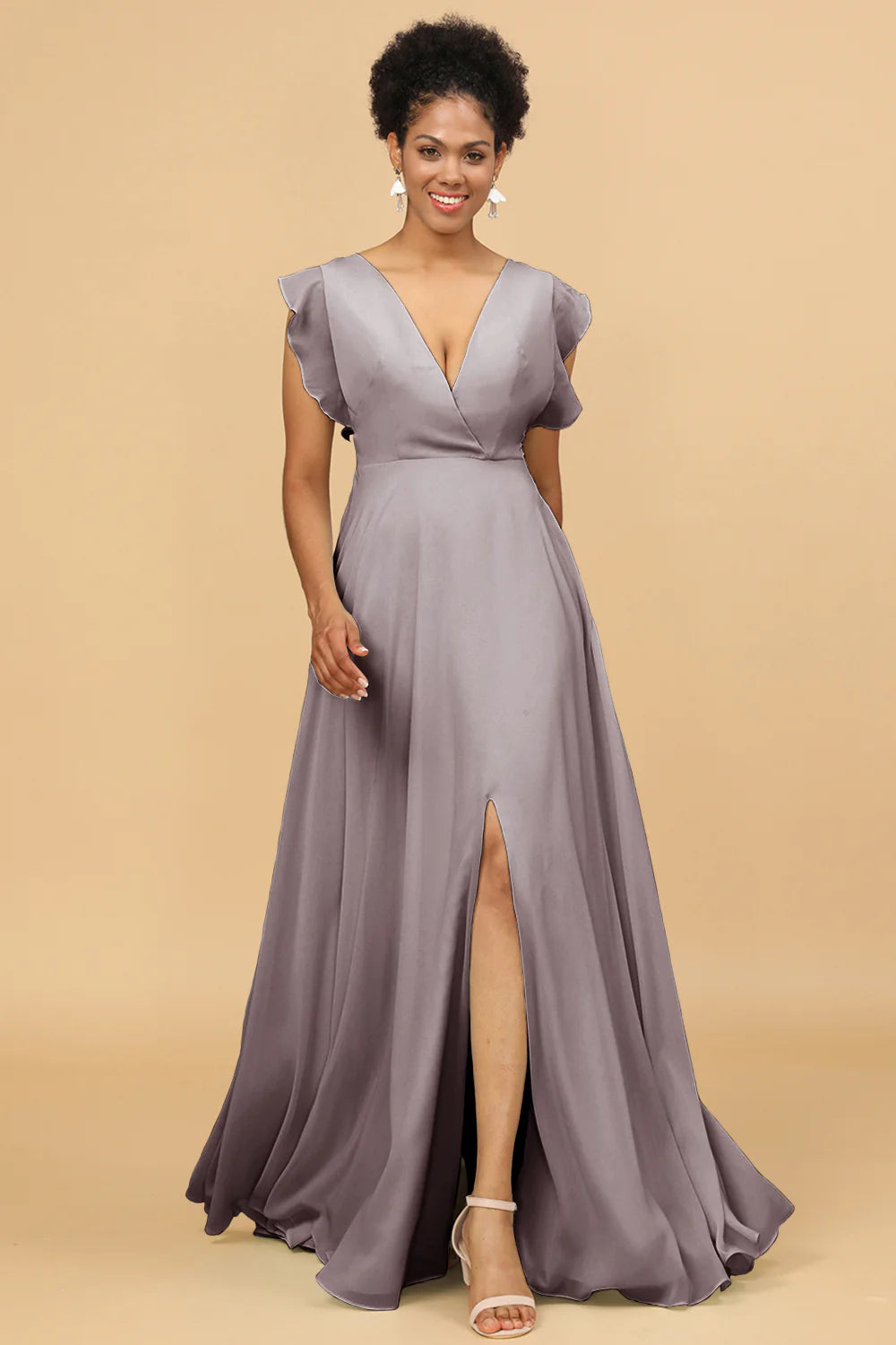 A Line V Neck Floor Length Chiffon Bridesmaid Dress with Slit