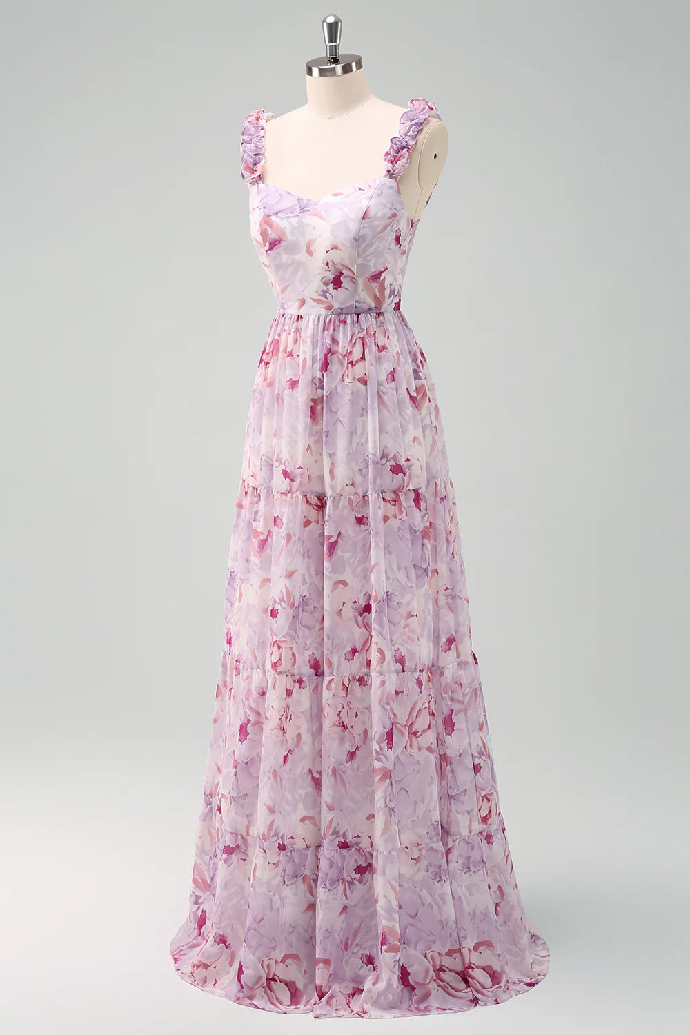Grey Purple A Line Square Neck Print Floral Bridesmaid Dress with Lace Up Back