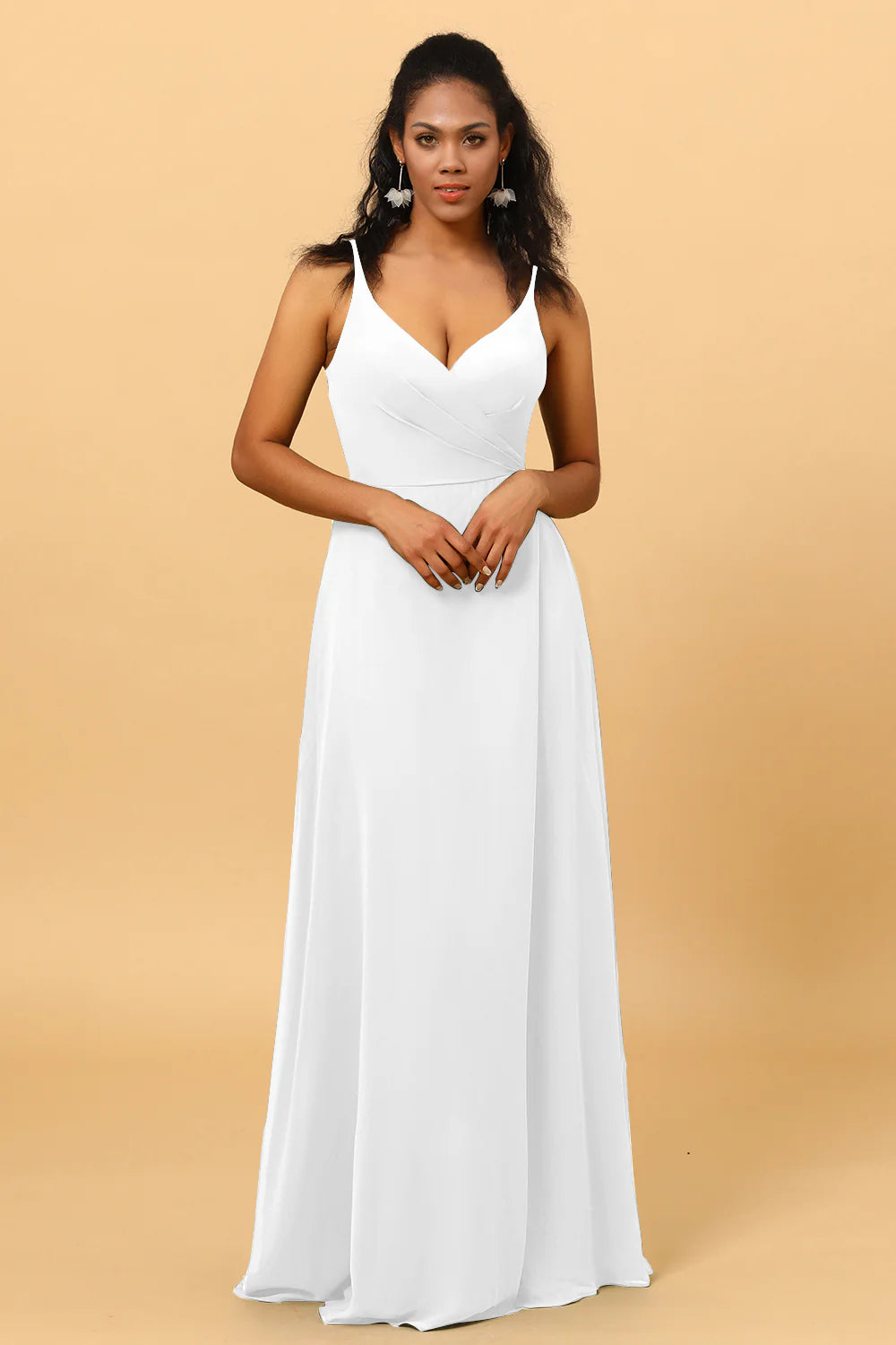 A Line V Neck Spaghetti Straps Floor Length Long Chiffon Bridesmaid Dress