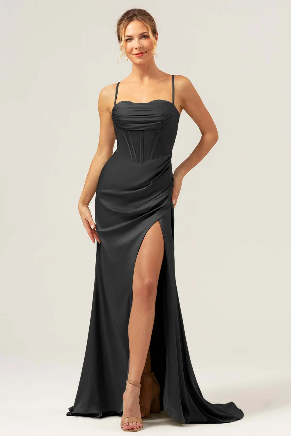 Martini Mermaid Cowl Neckline Ruched Corset Long Satin Bridesmaid Dress with Slit