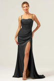 Martini Mermaid Cowl Neckline Ruched Corset Long Satin Bridesmaid Dress with Slit