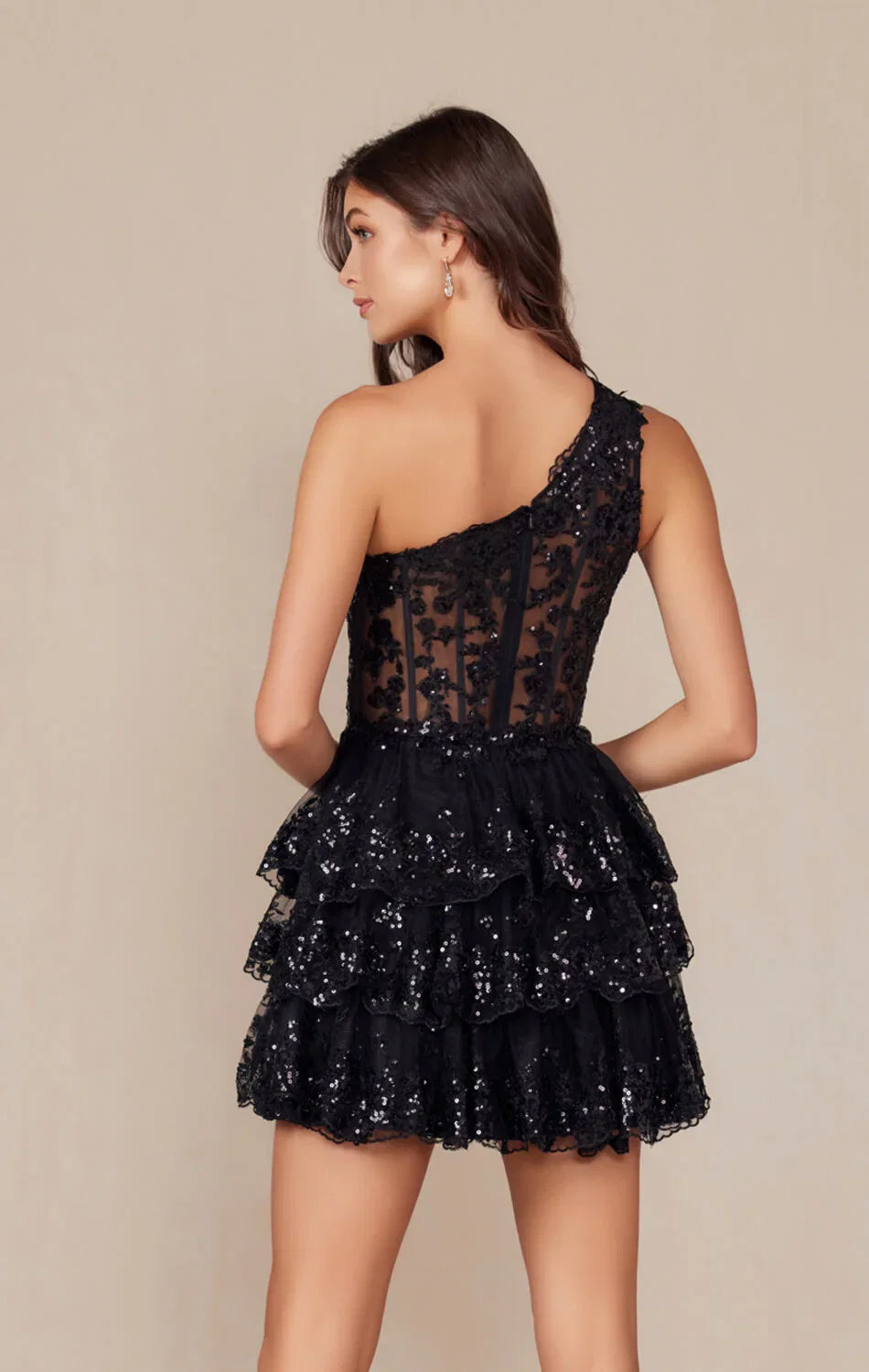 CHRISTIE MINI DRESS BLACK ONE SHOULDER TIERED SHORT DRESS