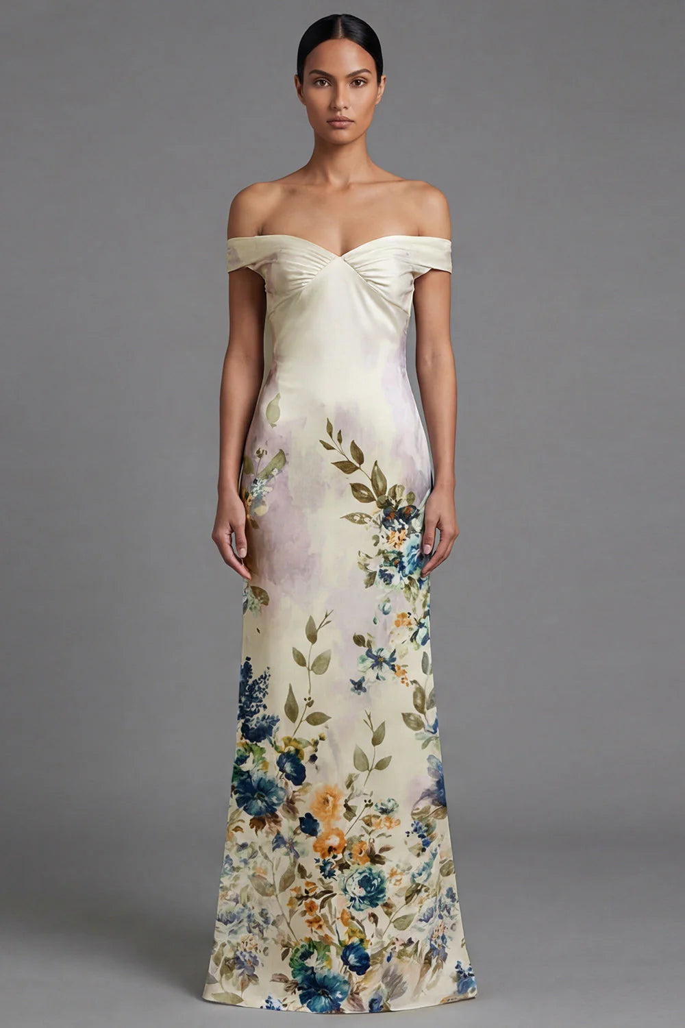 Off the Shoulder Mermaid Cut Out Ivory Printed Formal Dress