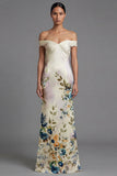 Off the Shoulder Mermaid Cut Out Ivory Printed Formal Dress