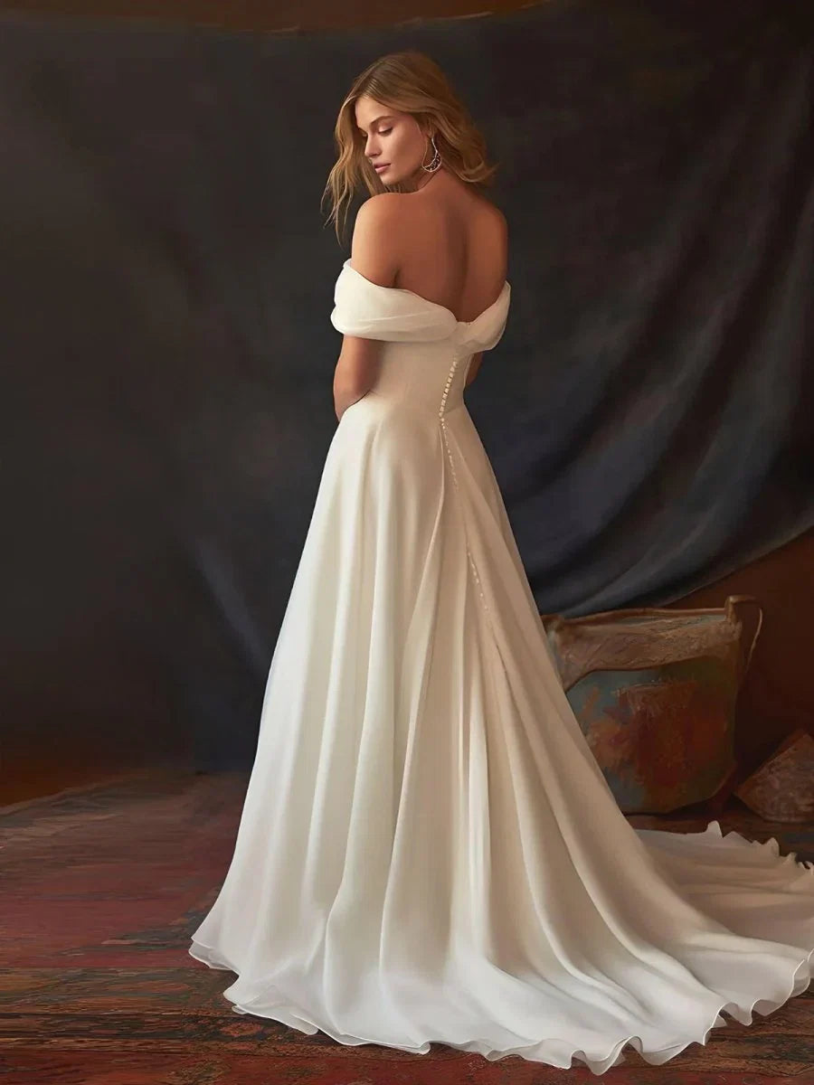 A Line Chiffon Sleeveless Off the Shoulder Wedding Dress with Ruching Floor Length