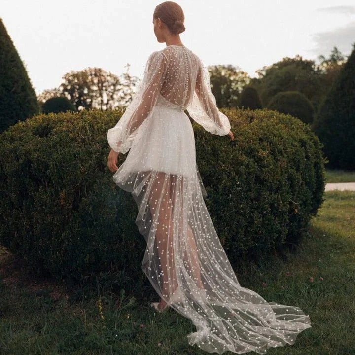 A Line Polka Dot Illusion Charm Asymmetrical Wedding Dress