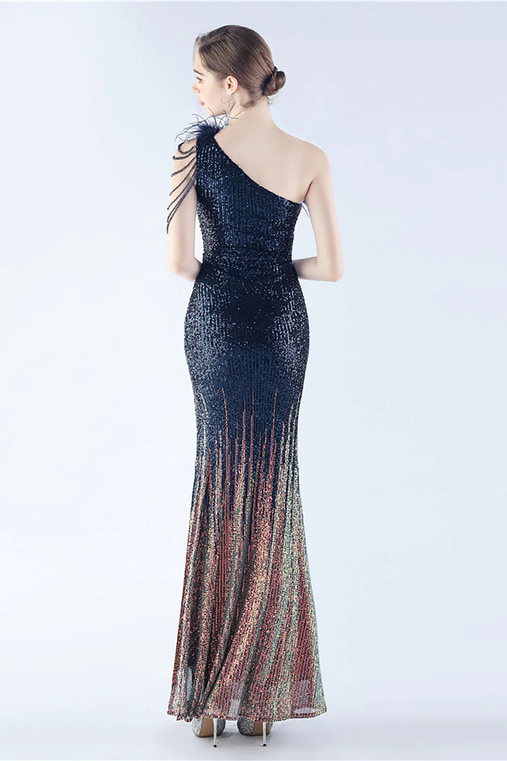 Glitter Black Bodycon Beaded Feather One Shoulder Evening Dress With Slit