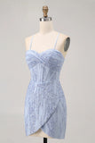 Sparkly Grey Blue Bodycon Sequins Corset Short Homecoming Dress