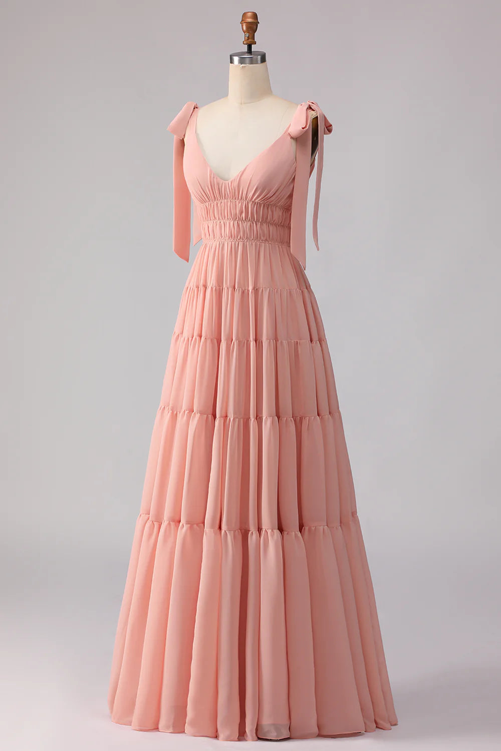 Blush A Line Chiffon Ruched V Neck Long Bridesmaid Dress