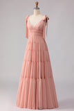 Blush A Line Chiffon Ruched V Neck Long Bridesmaid Dress