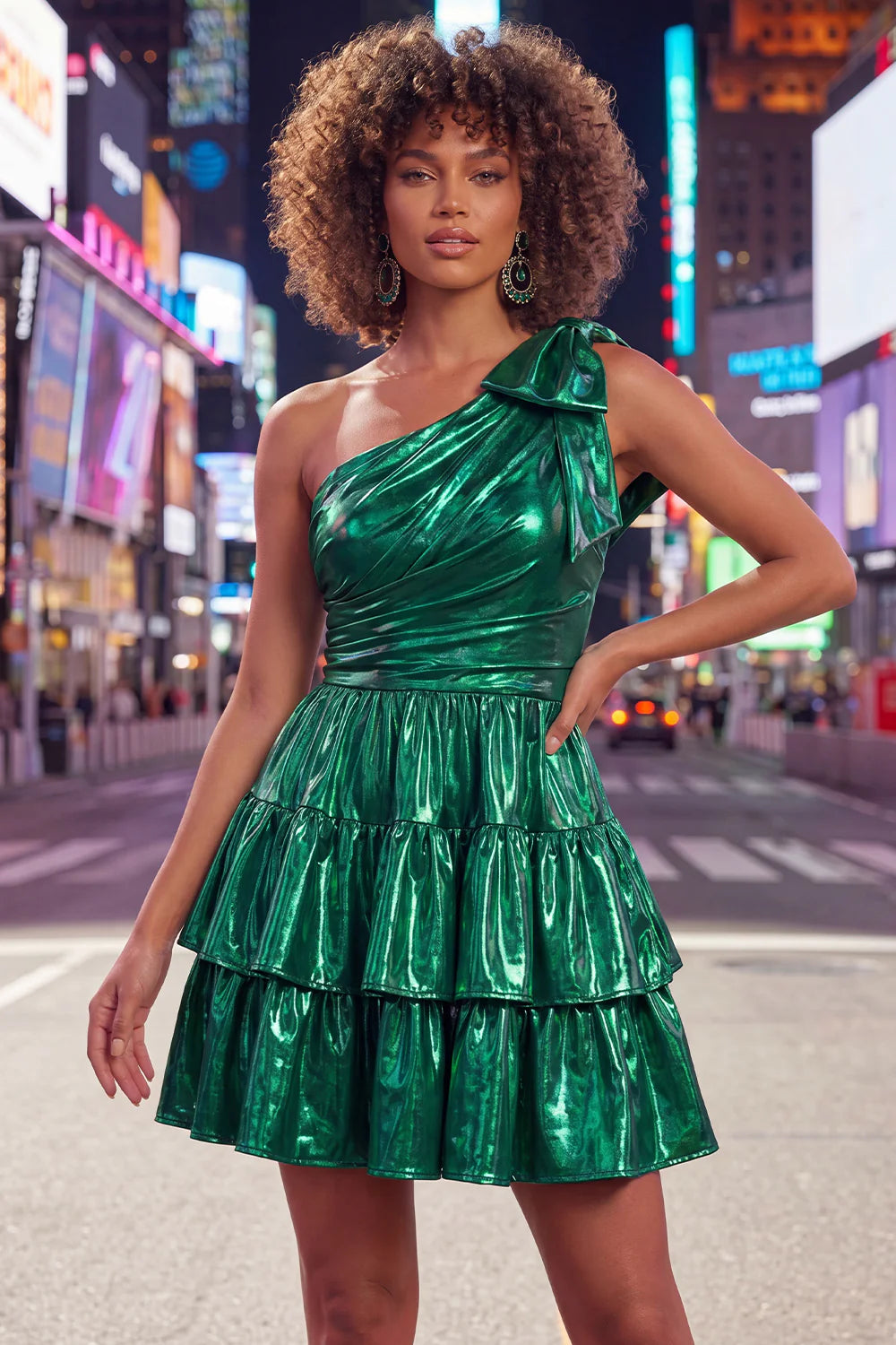 Green One Shoulder Metallic A Line Tiered Short Homecoming Dress