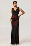 Black Red Sheath Cowl Neck Tulle Open Back Maxi Plus Size Dress with Slit